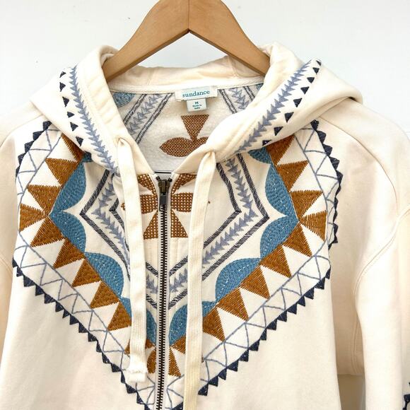 Sundance Embroidered Cotton Hoodie Sweatshirt Cream Southwestern Medium - Picture 6 of 9